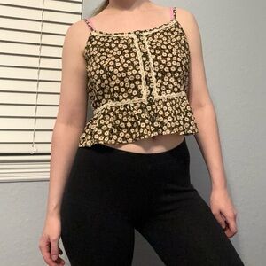 Forever 21 Floral Sleeveless Top Lace White Daisies Green Women's Size Large